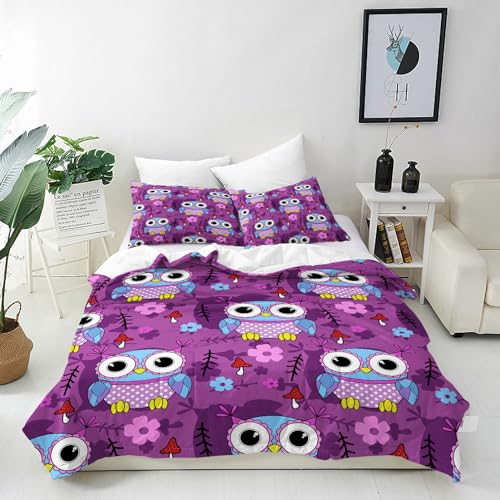 ANHOPE Nette Cartoon Tier Eule Bettwäsche Set Weich Microfaser Druck Bettbezüge mit Reißverschluss 2 Teilig Bettbezug 135x200 cm & Kissenbezug 80x80 cm Bettdeckenbezug für Kinder Jungen Mädchen