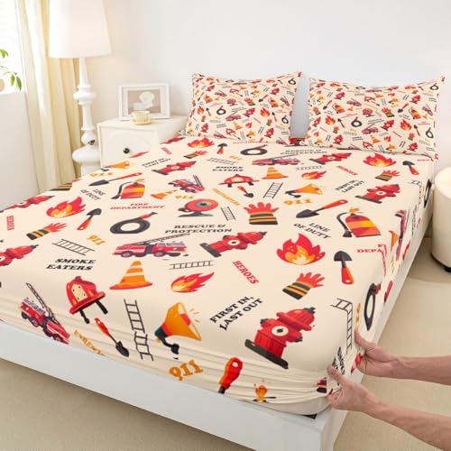 Feuerwehrwagen Spannbettt uch,, Cartoon Druck, Bettwäsche, 2 teilig, Jungen, Teenager, Schlafzimmer, Dekoration, Feuerwehrleute, Feuerwehrausrüstung, Fahrzeuge, Bettlaken, modern,