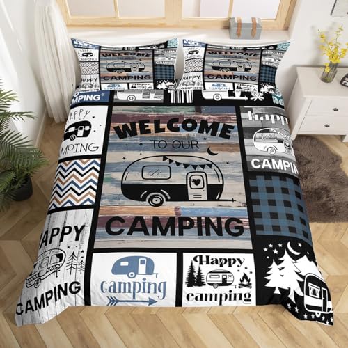 Homemissing Happy Camping Bettbezug Set Kinder Camper Bettwäsche Set 135x200cm RV Camping Bettwäsche Tröster für Schlafzimmer Geometrie Plaid Braun Blau Betten Set