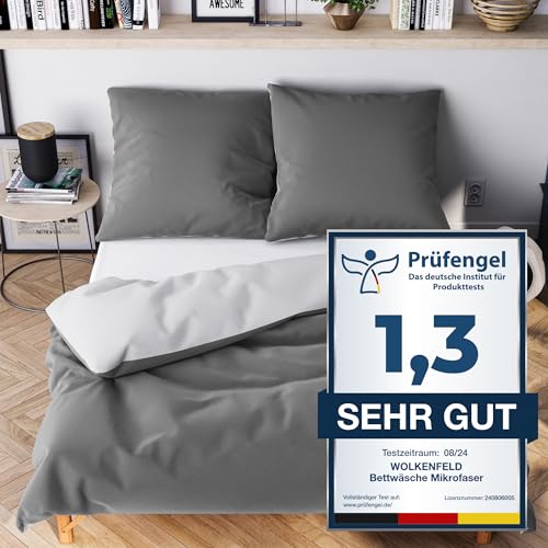 Wolkenfeld Bettwäsche 155x220 Bettwäsche Set grau anthrazit - Oeko-Tex Zertifiziert - 1x Bettbezug 155 x 220 + 1x Kissenbezug 80x80