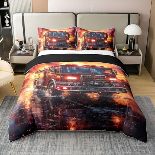 Homemissing Feuerwehr 100% Baumwolle Bettwäsche Set 200x200cm Kinder Feuerwehr Auto Fahrzeug Betten für Kinder Jungen Mädchen Feuerwehr Bettbezug Feuerwehr Bettwäsche-Set Betten
