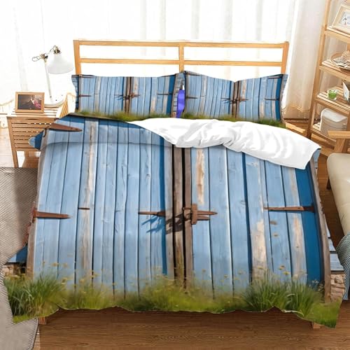 Bettwäsche 200x200 Vintage Scheunentor Bettbezug 200x200 cm Landhausstil Bettbezüge Kuschelig Weich Mikrofaser 3D Druck Deckenbezug mit Reißverschluss + 2 Kissenbezüge 80x80 cm D-3981