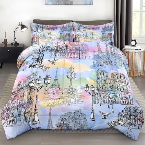 NDXRWDZR Bettwäsche 135x200 Hellblaue Weltarchitektur Bettwäsche-Set mit Reißverschluss Schließung für Kinder Weicher Atmungsaktive Mikrofaser Bettbezug + 2 Kopfkissenbezug 80x80 cm