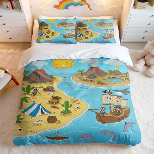 Bettwäsche-Set mit Cartoon-Piraten-Motiv, für Einzel-, Doppel-, King-Size- und Kinder-Schatzkarte, 3-teiliges Piraten-Bettwäsche-Set mit 2 Kissenbezügen, für Jungen und Mädchen (Druck 4, Einzelbett +