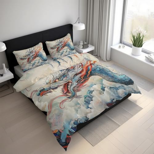 Generisch Drache Bettwäsche 135x200cm, Asiatisch Orientalisch Bettwäsche-Sets 2 Teilig, Bettbezug + 1 Kissenbezüge 80x80cm Weich Mikrofaser mit Reißverschluss 21D&-56