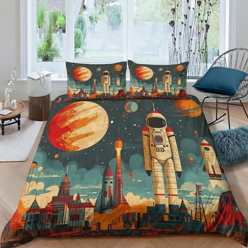 CRJUS Zeichentrickfilm Astronaut Jungen Teenager Bettbezug Set Zeichentrickfilm Modern Bettwäsche Dekorativ Betten Set Polyester Für Kinder Männer Bettbezüge Double?200x200cm?