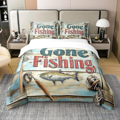 Loussiesd Fisch Jagd Betten Set Bass Groß Fische Baumwolle Bettwäsche Set 135x200cm für Kinder Jungen Mädchen Zimmer Dekor Hecht Fisch Bettbezug Set Fischer Fisch Mann Bettbezug 2Stück