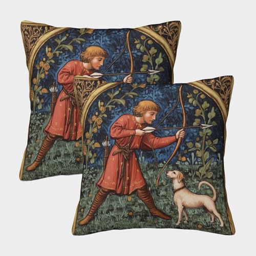 Mittelalterlicher Mann mit Pfeil und Bogen Kissenbezug 40x40cm 2er-Pack Hund Gotik Painting Muster Bedruckter Square Pillowcase Dekokissen Sofa Kissen Wohnzimmer Schlafzimmer Garten