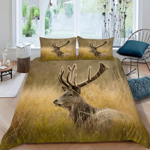 PUOJIEAT Bettwäsche 155x200 Elch, 3D Bettbezug Hirsch Mikrofaser Bettwäsche Set Elch, Bettwäsche-Sets 155x200 + 2 Kissenbezüge mit Reißverschluss ZXC844