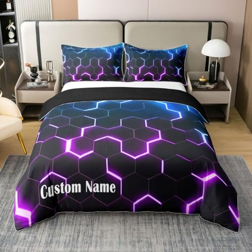 Homewish Honeycomb Benutzerdefinierter Name Bettwäsche Waben Blau Violette Farbverlauf Bettbezug 135x200 Baumwolle Coole Geometrische Bedding Geometrie Hexagon Kinder Jungen Mädchen Bettwäsche Set