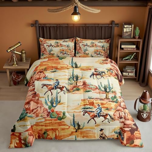 Western-Cowboy-Bettwäsch e-Set, volle Größe, Kaktus-Wüste, Südwesten, Landhaus-Stil, rustikale Bauernhaus-Steppdecke, orange-grün, Bettdeckeneinsatz, 2 Kissenbezüge Western-Cowboy-Bettwäsch e-Set, volle Größe, Kaktus-Wüste, Südwesten, Landhaus-Stil, rustikale Bauernhaus-Steppdecke, orange-grün, Bettdeckeneinsatz, 2 Kissenbezüge