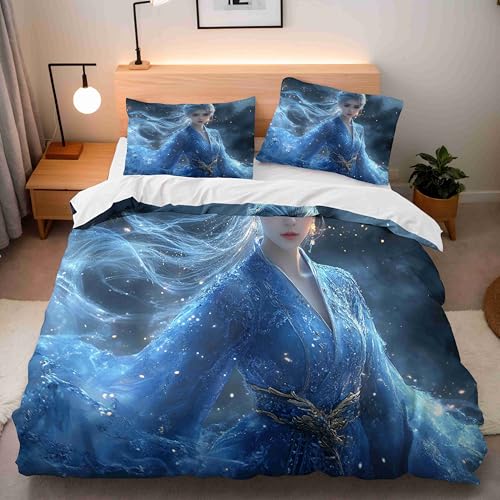 Bettwäsche 200x220 cm Winter, Bettwäsche-Sets SchöN Prinzessin Figur 3D-Printing Lebendige Farben, Bettwäsche 3 Teilig Mit Verdecktem ReißVerschluss Und EckbäNdern, 2 KissenbezüGe Sind 80x80 cm
