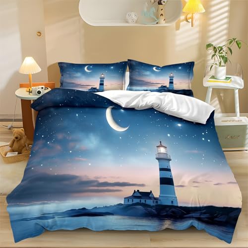 Bettwäsche Set 135 cm x 200 cm Fantasie Leuchtturm Sterne Mond Bunt, Weich Atmungsaktiv Bettwäsche-Set 3teilig mit Reißverschluss, Bedruckter Bettbezug Set für Schlafzimmer Dekoration