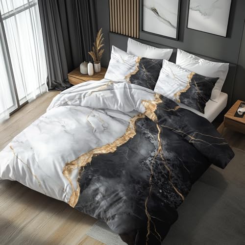 Generisch Marmor Bettwäsche 135x200 - Schlafzimmer Deko Schwarz Weiß Modern, Marmor Bettbezug 135 x 200 2er Set mit 1 Kissenbezug 80x80, Weiche Mikrofaser Sommerbettwäsche mit Reißverschluss
