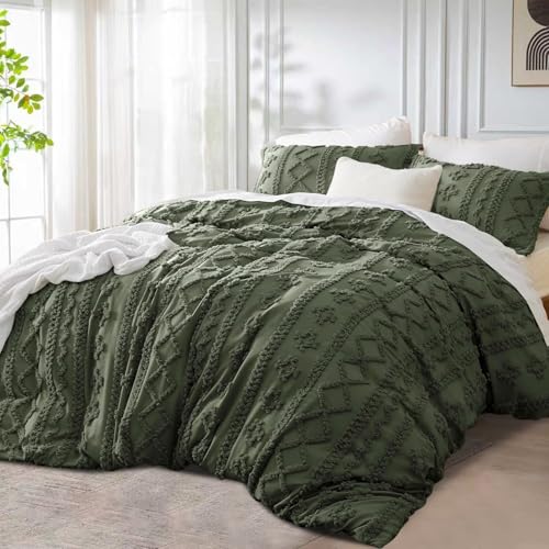 DXHOME Grün Bettwäsche 135x200 cm Boho Getuftet Olivgrün Stickerei Unifarben Bohemian Style Geometrische Weiche Microfaser Bettbezug mit Reißverschluss + 1 Kissenbezug 80x80 cm