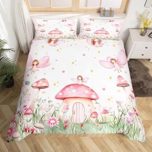 Homewish Mädchen Nette Fee Bettwäsche Set 135x200,Rosa Pilz Fee Bettbezug für Kinderzimmer Dekor,Bunte Blumen Bett Set Kawaii Prinzessin Liebe Bettbezug (Kein Tröster)