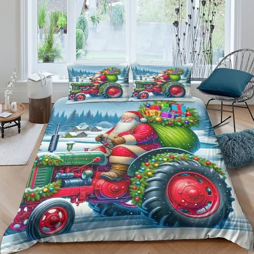 XPZABCDEG Traktor 3D Bettwäsche Set Atmungsaktive Gebürstete Mikrofaser Weihnachtsmann auf Geschenk geladen Traktor 3 Stück Bettdecke Mit Kissendecken Schlafzimmer Dekor Double?200x200cm?