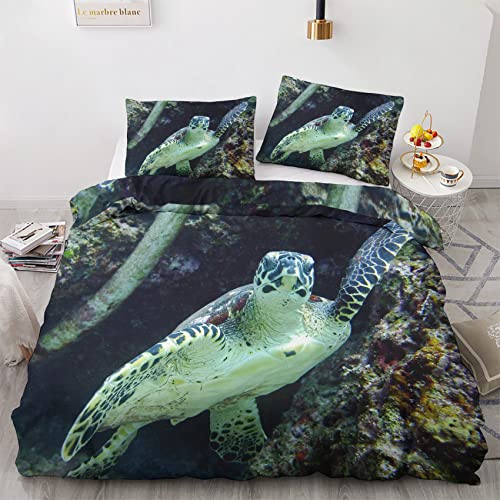 VOSILE Meeresschildkröte Bettwäsche 135x200, Maritimes Thema Muster - Weiche Microfaser Bettwäsche-Sets 2 Teilig - 1 Bettbezug mit Reißverschluss + 1 Kissenbezug 80x80 cm