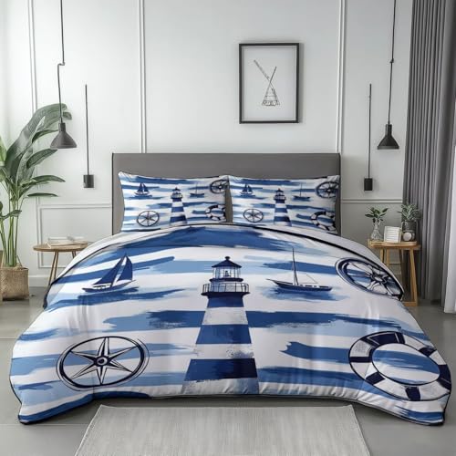 Bettbezug Weiß Wendbar Bettwäsche Sets, Mit Reißverschluss Einfaches Segeln Leuchtturm Thema Mikrofaser Bettbezug Für die Schlafzimmerdekoration 240 x 220 cm