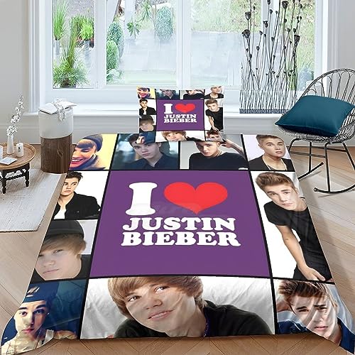 GIOSBR Justin Bieber 3D Gedruckter Für Kinder Mädchen Jungen Bettwäschegarnitur Bettbezug Set Weich Microfaser Bettwäsche Reissverschluss Und Kissenbezüge 2 Teilig Single?135x200cm?