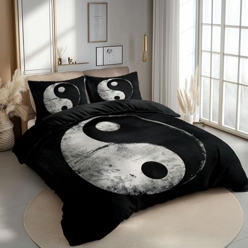 Bettbezug 135 x 200 cm Bettwäsche Set 3 Teilig mit 2 Kissenbezügen, Muster Yin-Yang-Symbol Orientalisch Wende Schwarz Bettwäsche für Erwachsene Kinder, aus Weiche Mikrofaser mit Reißverschluss