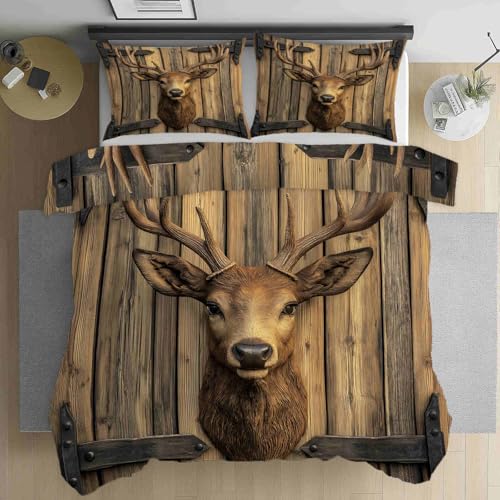 Dppyuxa Landhausstil Hirsch Bettwäsche 180x200 Set Bauernhaus Scheunentor Deckenbezug Weich Atmungsaktiv Microfaser Rustikaler Tier Bettbezüge mit Reißverschluss 80x80 cm Kissenbezug x2