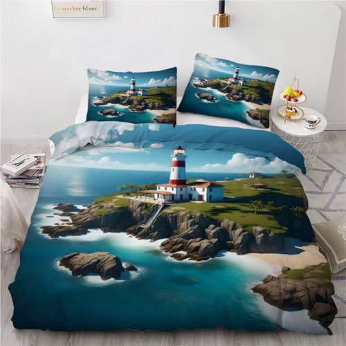 RFFLUX 3D Leuchtturm Bettwäsche 155x220 cm 2teilig Microfaser Wendebettwäsche Ozean Maritim Bettbezüge Sommer Weich und Angenehme Bettbezug Set mit Kissenbezug 50x75 cm?Stil 15-11?