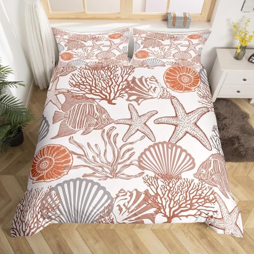 Homewish Ozean Thema Bettwäsche 135x200cm Seesterne Muscheln Korallen Fische Bettbezug Set Jugendliche Kinder,Braun Orange Grau Bettwäscheset Ästhetisch Unterwasserwelt Bettset Raumdekor Mikrofaser