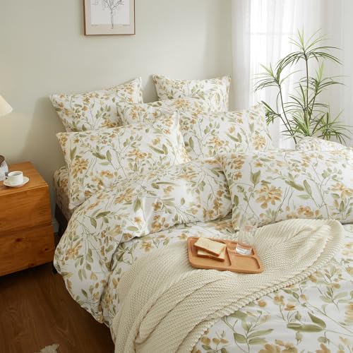 YASMENG Bettwäsche Blumen 220x240 Floral Motiv Gelb Grün Weiß Aesthetic Weich Kuschelig Mikrofaser 3 Teilig Mit Reißverschluss und 2 Kissenbezüge 80x80 cm