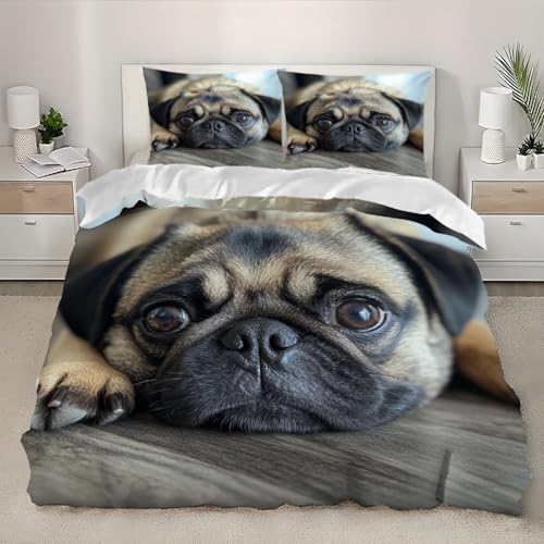 Mops-Tier Bettwäsche 135x200 cm 3D Bettbezug Sets Microfaser Weich Hypoallergen Atmungsaktiv Hellbraun Bettwäsche-Sets 3teilig mit 2 Kissenbezug für Jungen Mädchen Teens