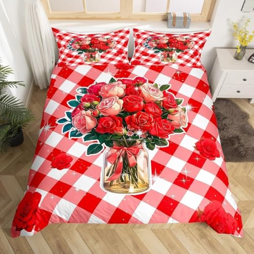 LLSZAHD Rose Bettwäsche 135×200cm, Rot Weiß Kariert Muster bettwäsche-Sets, Mikrofaser Bettbezug mit Reißverschluss und Kissenbezug 80×80cm