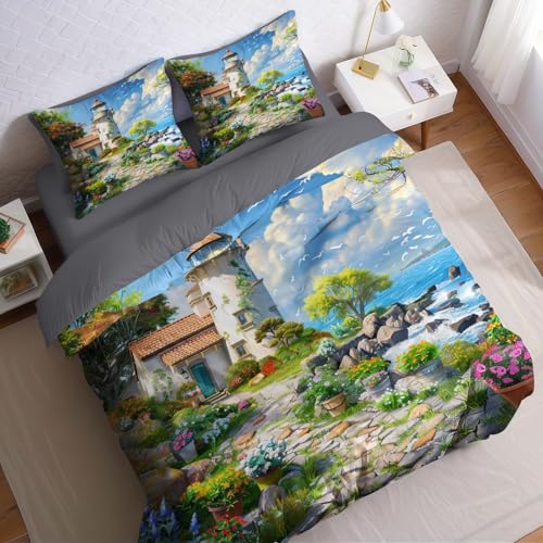 Blauer Himmel Bettwäsche 220 x 240 cm Aquarell-Leuchtturm 3 teilig Mikrofaser Bettbezug Set weich allergikerfreundlich mit Reißverschluss und 2 Kissenbezüge 80 x 80 cm