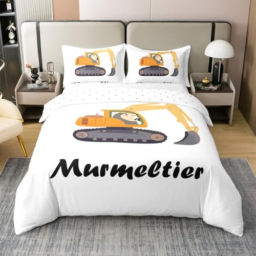 Loussiesd Bagger 100% Baumwolle Bettwäsche Set 135x200cm Murmeltier Kawaii Betten Cartoon Auto Ausrüstung LKW Bettwäsche-Set Baufahrzeuge Bettbezug für Kinder Mädchen Jungs Weiß
