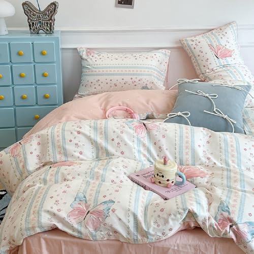 Lanqinglv Bettwäsche 135x200 cm 4Teilig Mädchen Rosa Blau Schmetterling Wende Bettwäsche Blumen Schleifen ÖKO-TEX Bettwäsche Aesthetic Kinder Bettbezug mit Reißverschluss und 2 Kissenbezug 80x80 cm
