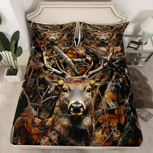 Loussiesd Camouflage Spannbettlaken 160x200cm Netter Hirsch Spannbetttuch für Kinder Mädchen Jungs Dekor Hirsch Jagd Bettlaken Set Mikrofaser Camo Bettlaken Military Style Bettwäsche