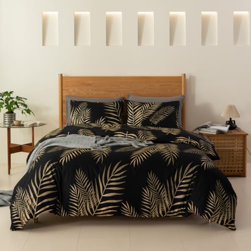 YASMENG Bettwäsche 135x200 Gold Schwarz Blätter Bettwäsche Gold Blätter Motiv Modern Elegant Bettbezug Set Weich Mikrofaser Blätter Gold Bettwäsche 2teilig mit Reißverschluss und 80x80 cm Kissenbezug