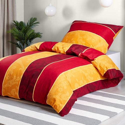 KACEMOO Bettwäsche 135x200 Baumwolle, Bettwäsche-Sets Oeko-TEX Bedding mit Reißverschluss Bettbezüge Atmungsaktiv & kuschelig, Bettbezug 135x200 + Kissenbezug 80x80, Orange Blumen Streifen 120 g/m²