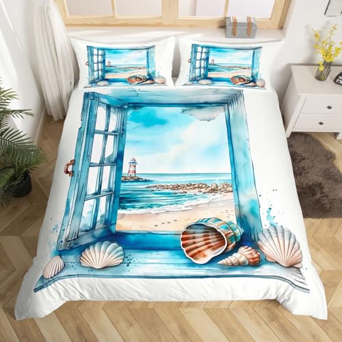 Homewish Sommerstrand Bettwäsche 135x200 Leuchtturm Bettwäsche Set Meeresschnecken Meeresschalen Drucken Bettbezug Kinder Jungen Mädchen Küstenfenster Aus Holz Bettset 2 Teilig Schlafzimmer
