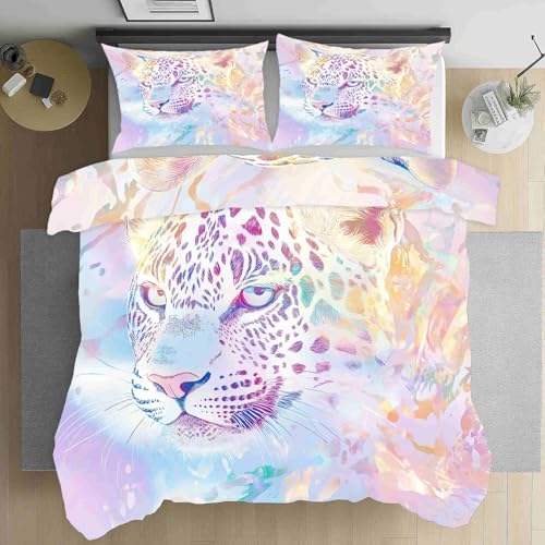 LLponhg Bettwäsche 220x240 Aquarell Leopard Bettwäsche Set Weich Microfaser Bettwäsche, Abstrakt Tiermuster Wendebettwäsche Bunt Malerei Bettbezug und Kissenbezug 80x80cm