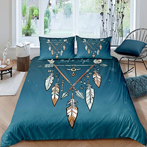 Loussiesd Boho Federbetten Set Böhmischer Pfeil Bettwäsche Set 135x200cm für Kinder Jungen Mädchen Frauen Aztekisches Dekor Bettbezug Set Indische Hippie Feder Chic Stammes 2St Reißverschluss