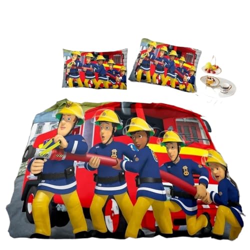 GOUVKEY Cartoon-bedrucktes Feuerwehrmann-Bettwäsche set „Feuerwehrmann Sam“ HD-Bettbezug Bettwäsche für Kinder Bettwäsche-Sets Schlafzimmerdekoration (155x220cm+75x50c,5)