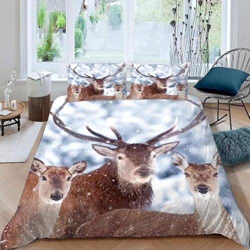 Elch Bettwäsche 140x200 3D Drucken Winterliche Schneelandschaft Bettwäsche-Sets Weiche Kuschelig Mikrofaser Bettbezug mit 2 Kissenbezüge 80x80 cm mit Reißverschluss m-1869