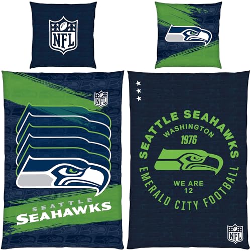BERONAGE NFL Seattle Seahawks WE Are 12 Bettwäsche 135x200 cm + 80x80 cm 100% Baumwolle Renforcé Linon American Football Wendemotiv YKK-Reißverschluss Fanartikel