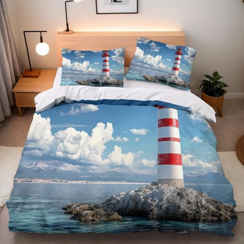 CHCHNXY BettwäSche 155x220,Leuchtturm 3D Print Bettwäsche-Set,Weich Microfaser Bettbezug Mit Leichtläufigem Reißverschluss,3 Teilig Kinderbettwäsche(2*Kisse nbezug 80x80cm