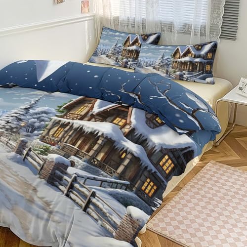 LYHVSFJW Bettbezug-Set, 3-teiliges leichtes weiches Bettwäsche-Set mit 2 Kissen Wende, Verdickte Weihnachts-, Winter- und Fröhliche Szenenbettdecke, Bettdecken-Set für alle Jahreszeiten, 86 x 70 Zoll