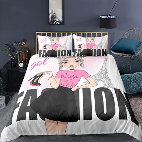 SJSXWQN Bettwäsche 155x220 Pinkes Fashion-Girl Bettwäsche-Set mit Reißverschluss Schließung für Kinder Jugendliche Weicher Atmungsaktive Mikrofaser Bettbezug + 2 Kopfkissenbezug 80x80 cm