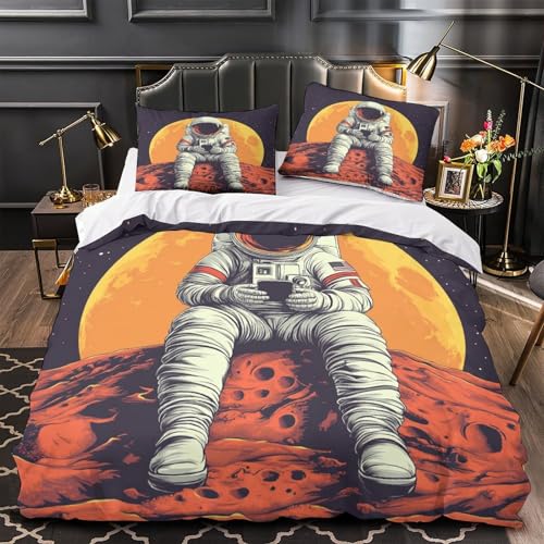 Astronaut auf dem Mond 3D bedruckt Bettbezug 3teilig Mikrofaser atmungsaktiv Illustration eines Weltraumabenteuers Bettdeckenbezug 2 Kissenbezüge Reißverschluss Jungen Mädchen Double?200x200cm?