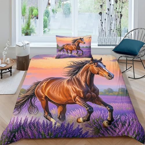 Pferd Bettbezug-Set Weiche Mikrofaser Bettwäsche-Set Mit Pferd Lavendel-Design Mit Reißverschluss & Kissenbezüge Für Erwachsene Kinder Single?135x200cm?