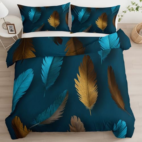 Quixora Bettbezug Einzelbett 180 x 200 cm Türkis Braun Federn Wendebettwäsche Bettwäsche Set mit Reißverschluss 3 Teilig Weiche Bohème-Stil Steppdeckenbezug+ Kissenbezüge 80x80 cm