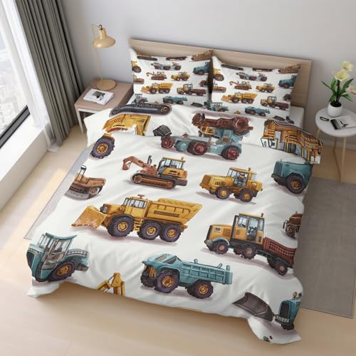 Generisch Bagger Bettwäsche 135x200cm, Baufahrzeuge Baustelle Fahrzeuge Kinder Bettwäsche-Sets 2 Teilig, Bettbezug + 1 Kissenbezüge 80x80cm Weich Mikrofaser mit Reißverschluss 21D&-17